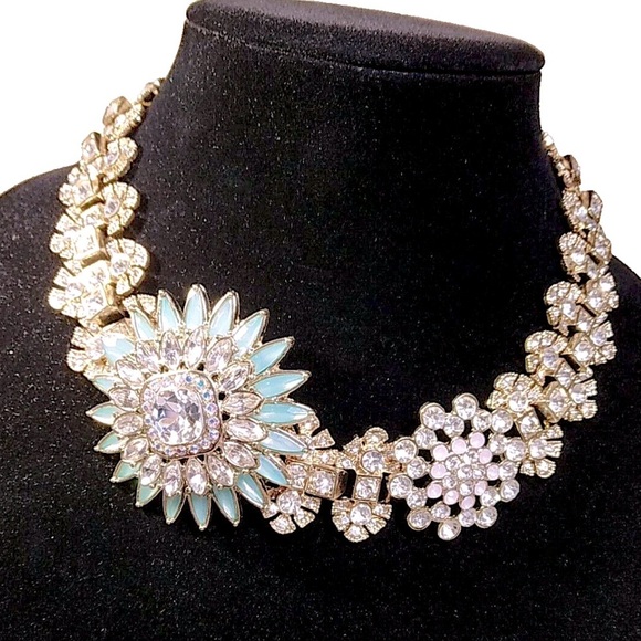 Natasha Statement Flower and Rhinestone Bib Necklace,Stunning,Elegant,Floral 16” - Picture 1 of 8